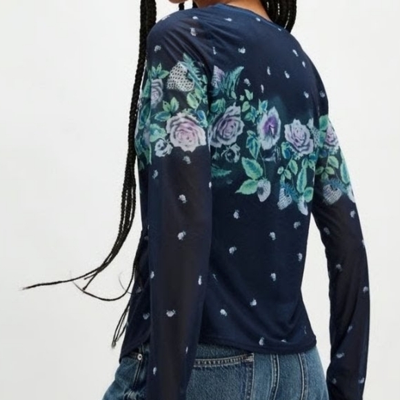 FREE PEOPLE Home Grown Vintage Vibe Mesh Floral Navy Combo Cardigan NWOT - Picture 5 of 13